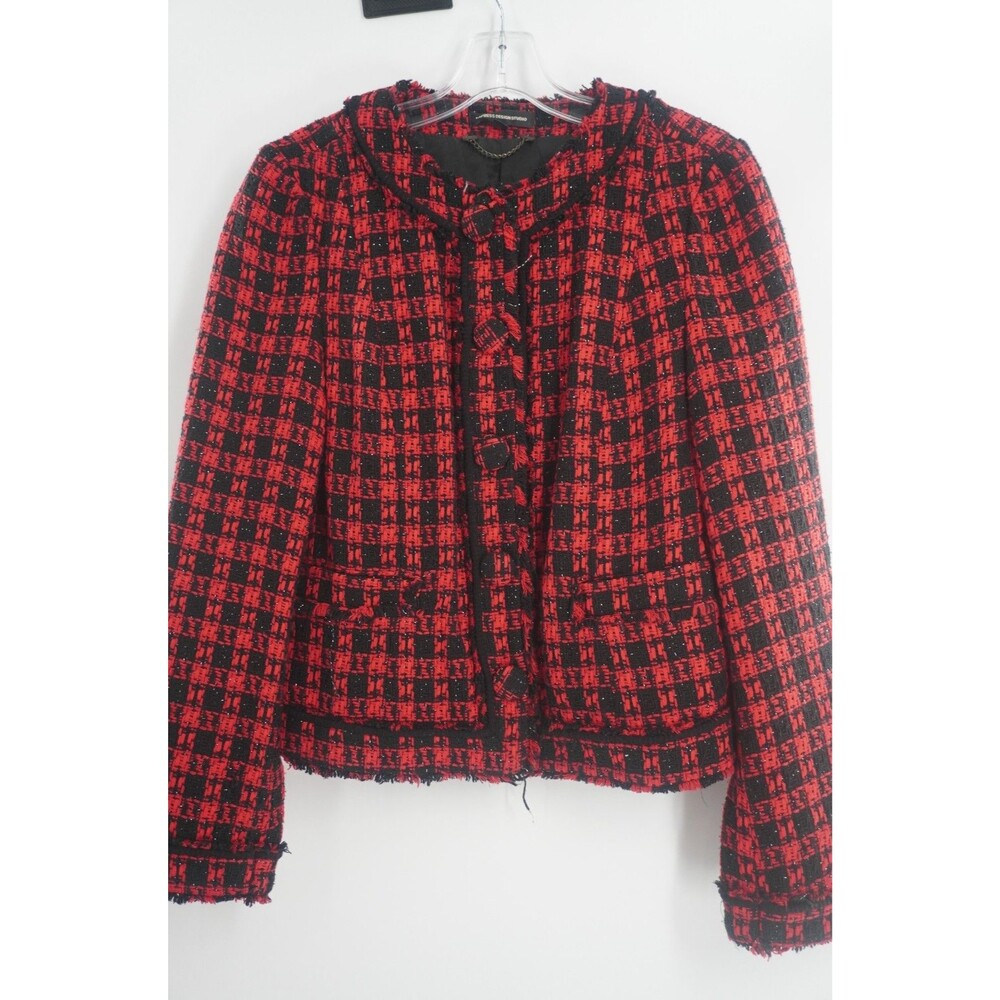 Express Y2K Vintage 2008 Red Black Plaid Tweed Blazer Fringe Trim Jacket Size 8